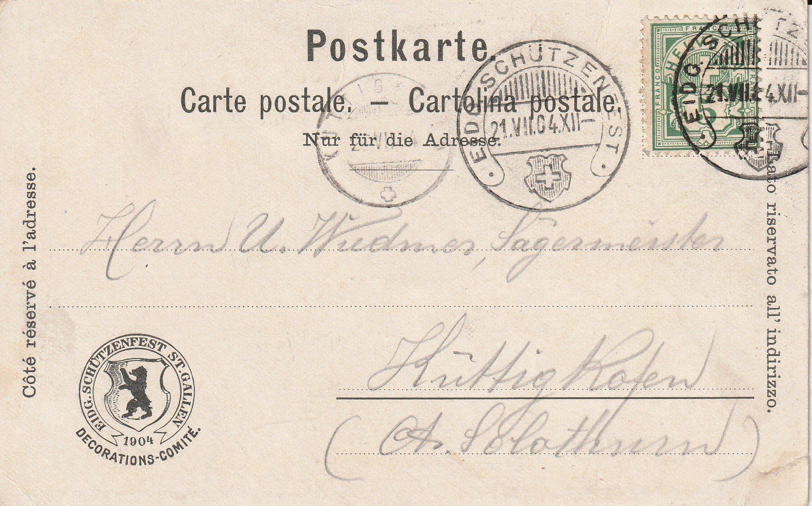 Cartoline postali: Eidg. Schützenfest St. Gallen 1904 – Usato da Crémines venduto da clifden92 1