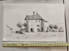 dessin Paysage rural avec bâtisse ancienne" 
