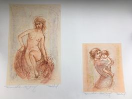 2 Lithographien EDNA HIBEL "Akt und Mother and Child" sign.