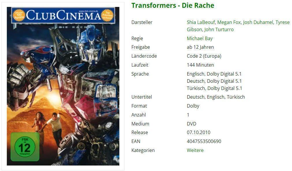 Tutti i DVDs: Transformers - Die Rache (DVD) – Usato da Buchrain venduto da Sssschaller