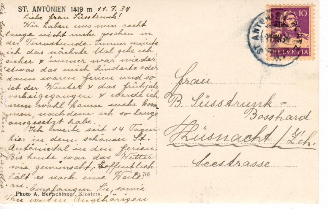 Cartoline postali: St. Antönien 1934 – Usato da Wolhusen venduto da Curver9 1