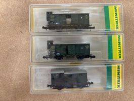3er Set Trix N 13201 Güterwagen mit Bremserhaus und 3254 DB