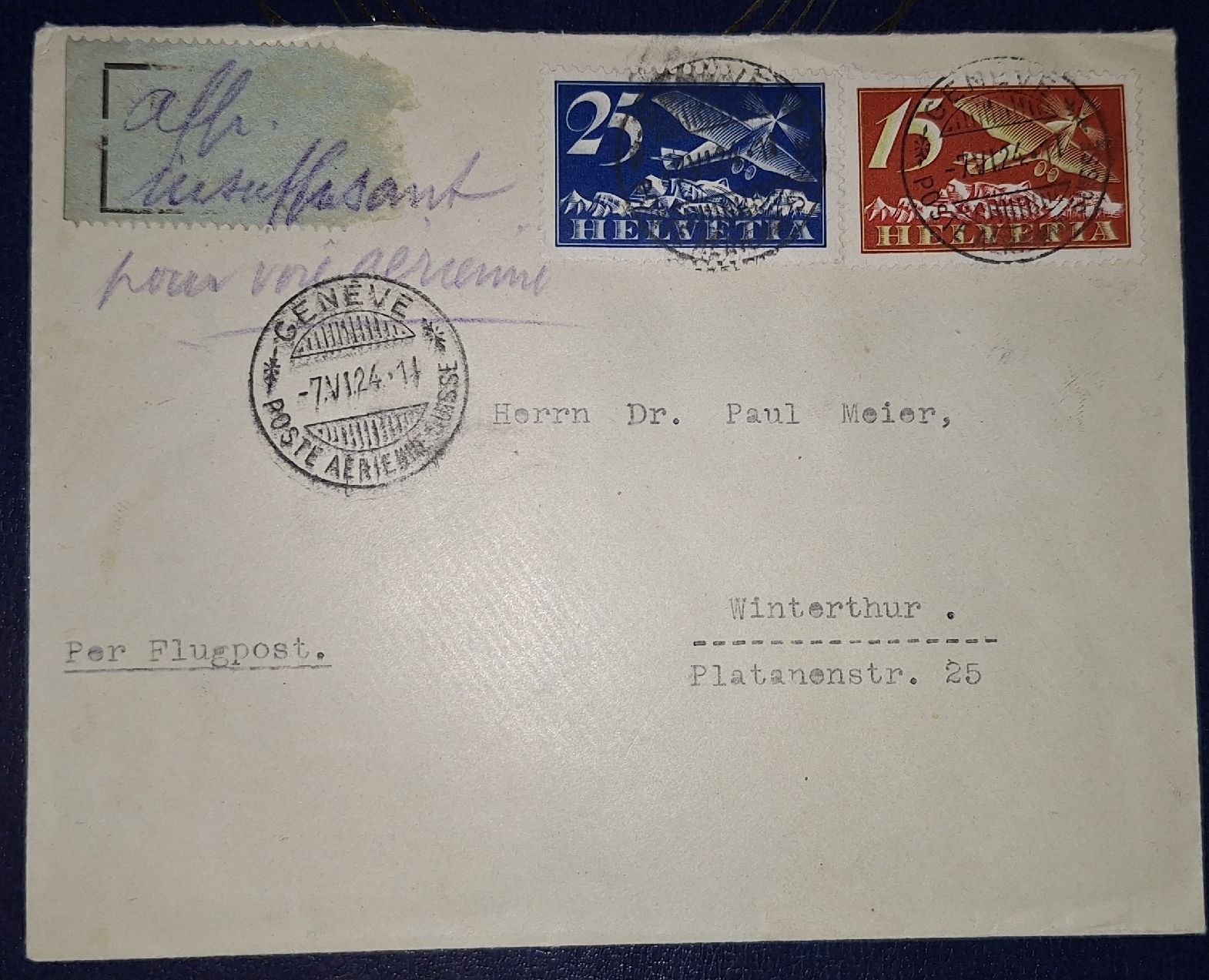 Tutti i francobolli: Flugpostbrief Geneve 1924  – Usato da Balgach venduto da SIMEON27