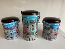 3 Hermet Blechdosen naive Malerei Häuser, Kaffeedosen