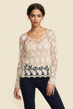 Vintage Top Dentelle Écru Manches Longues T. L