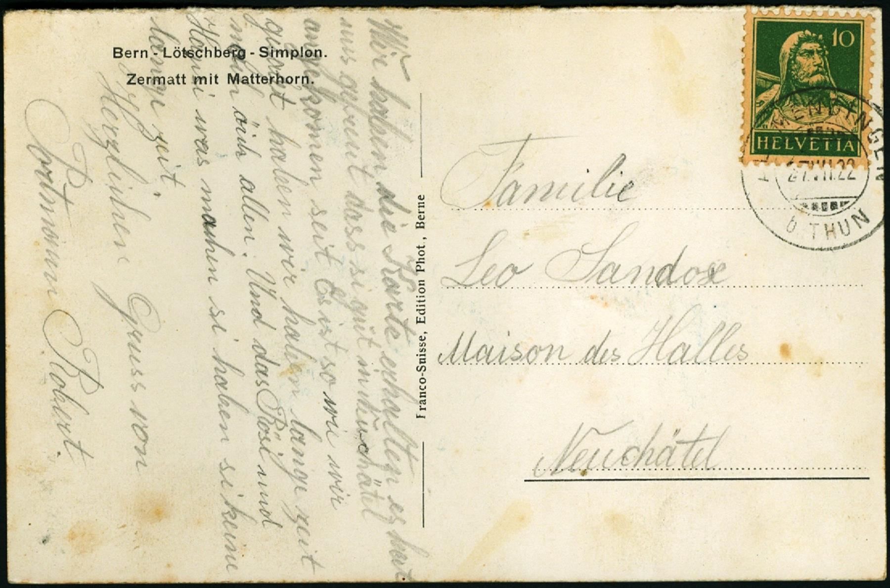 Cartoline postali: 1922_AK - Zermatt mit Matterhorn – Usato da Thun venduto da Nissan 1