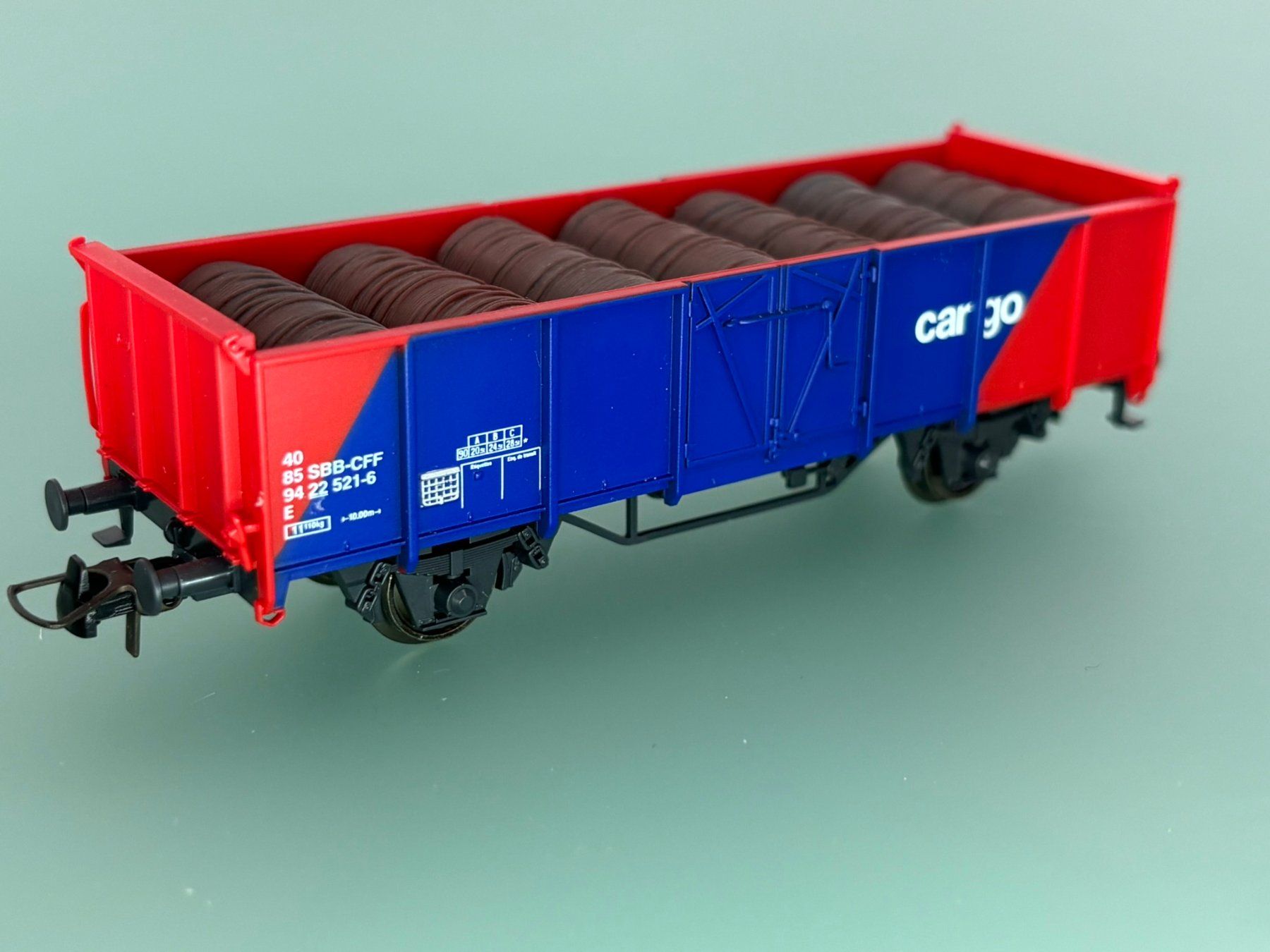 Roco Modellini di ferrovie: SBB CFF CARGO tombereau E chargé avec rouleaux – Usato da SION venduto da Pef12 3
