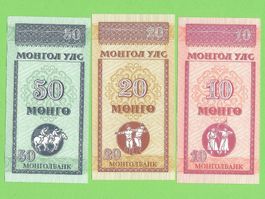Mongolei Banknoten Set, 3 Stück, Original, Top Zustand!