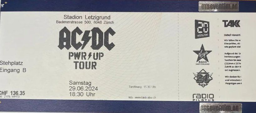 2x AC DC Tickets 29.06.24 Zürich STEHPLÄTZE (Gebraucht) in Bern für CHF ...