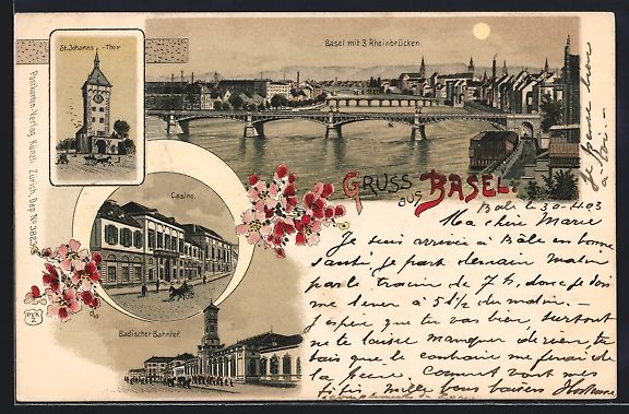 Cartoline postali: Litho Basel, Casino, Badischer Bahnhof,  – Usato da Berlin venduto da bartko-reher