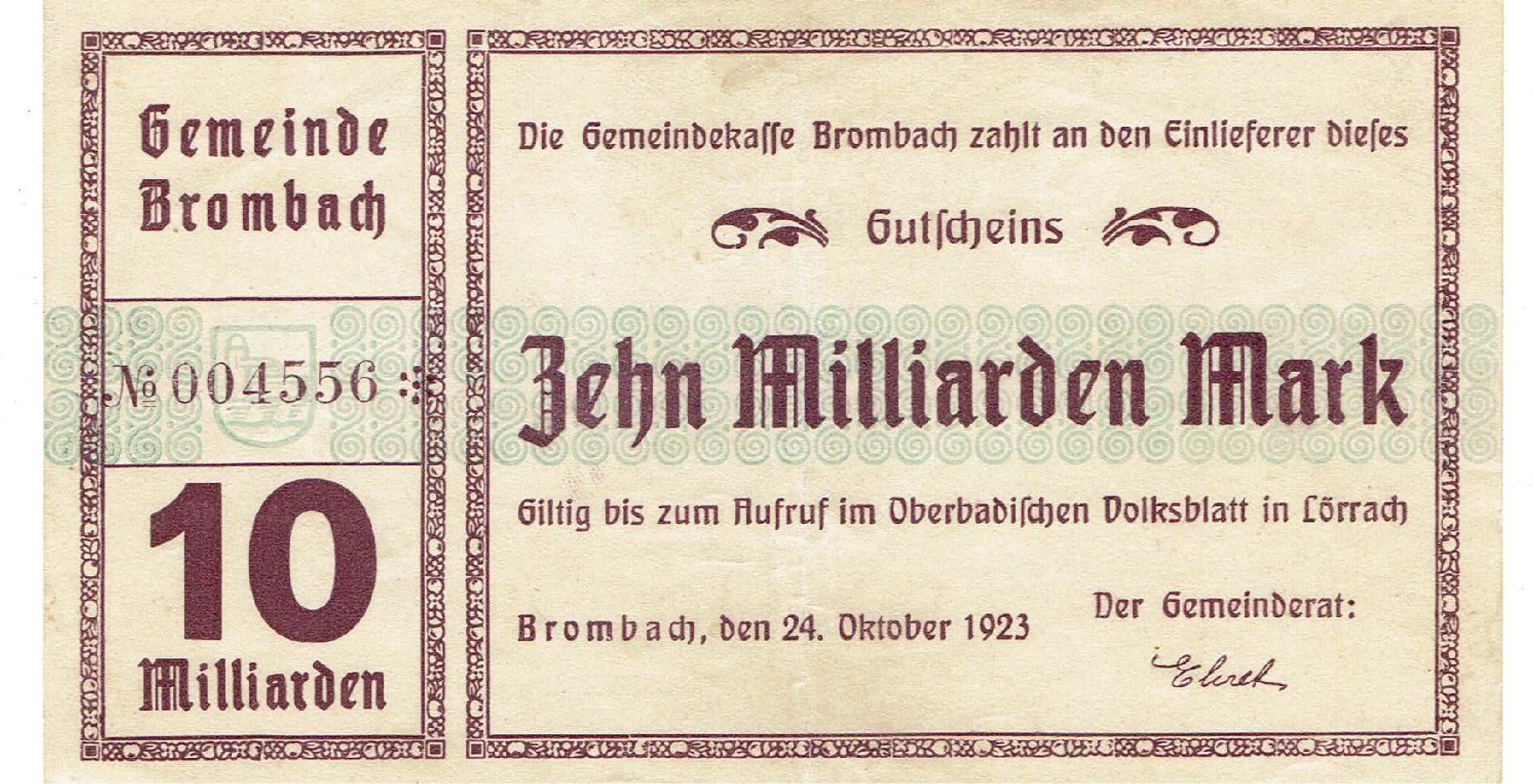 Banconote: Brombach 10 Mrd.Mark 24.10.1923 VZ++-UNZ – Usato da Steffisburg venduto da ber_8htf
