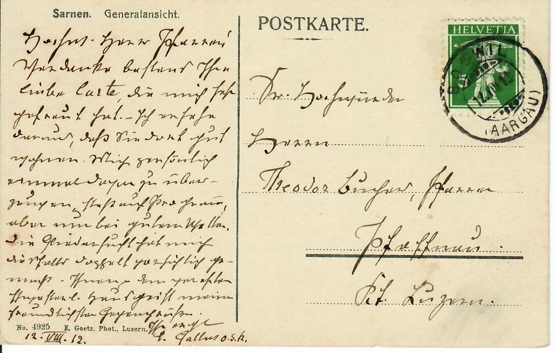 Ansichtskarten: Sarnen 1912 – Gebraucht aus Hochdorf von Ziegel-16 1