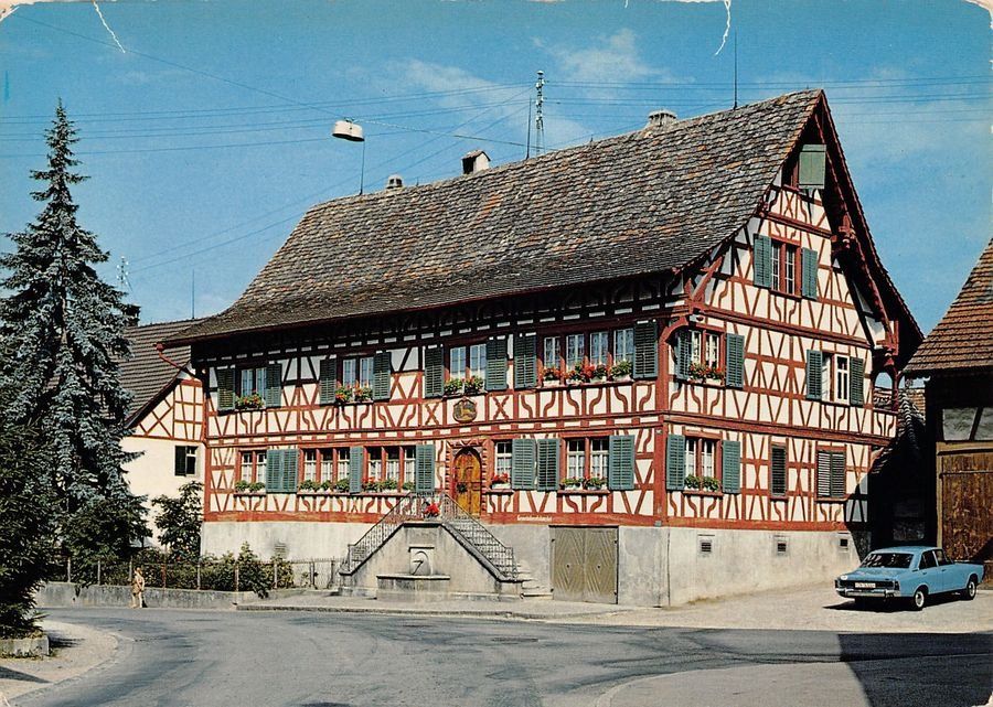Ansichtskarten: Marthalen, Gemeindehaus HIRSCHEN, Oldtimer um 1975 – Gebraucht aus Frauenfeld von POML