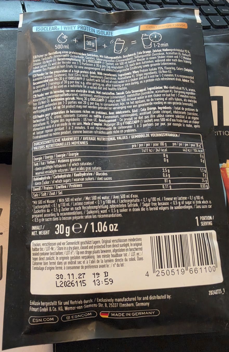 Esn Cibi & Specialità: ESN Isoclear 5x 30 Gramm Cola Orange – Nuovo e nell'imballaggio originale da Muhen venduto da Savana16 1