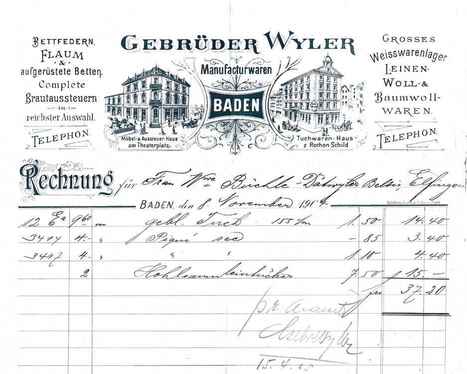 Historische Rechnung Gebrüder Wyler Baden, 1914! Rar! (Gebraucht) in ...