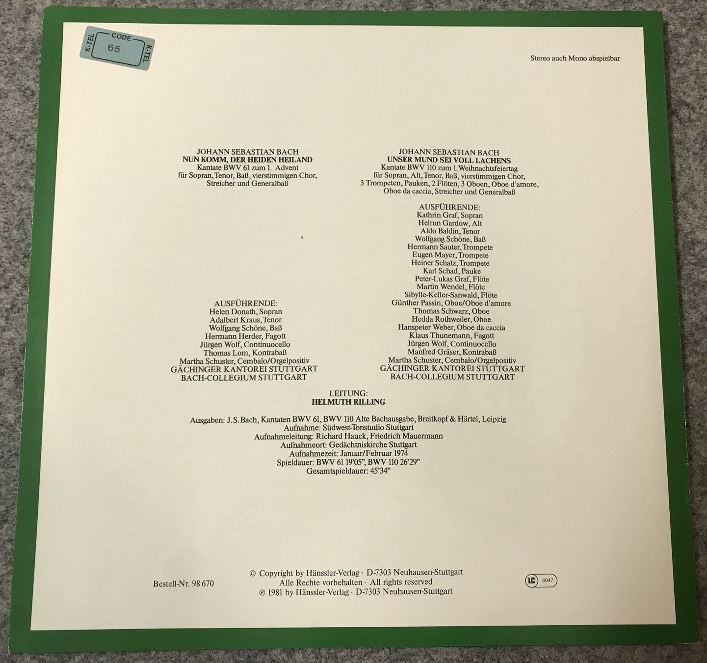Dischi in vinile: 2 LP's Die Bach Kantate – Usato da Guntershausen venduto da Gloominati 2