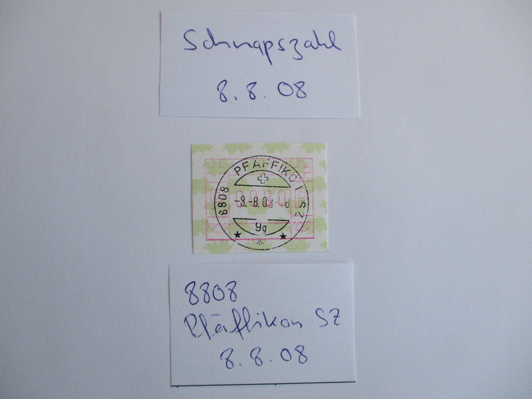 Tutti i francobolli: Schnapszahl 8808 Pfäffikon SZ  8.8.08 – Usato da Langnau b. Reiden venduto da Aktuell88