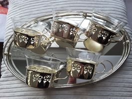 Vintage Kaffee-Teeschirr Set, Glas/Silber, 5 Tassen, Tablett