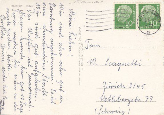 Cartoline postali: Italia, Home Lines, 1957 – Usato da Zuerich venduto da OceanLinerPostcards 1