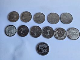 Lot de 12 pieces 5 CHF Helvetia Confédératio 1974-1984