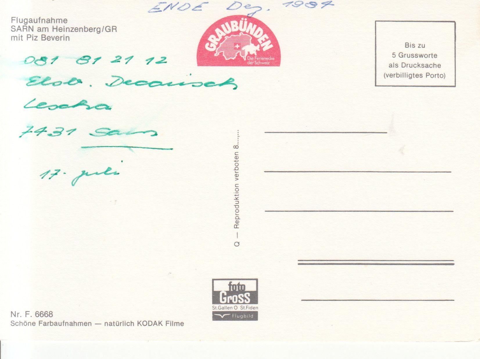Ansichtskarten: Sarn Flugaufnahme 1984 – Gebraucht aus Bürglen TG von StampGraf 1