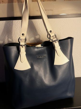 Pulicati Leder Tasche Shopper Dunkelblau Weiss