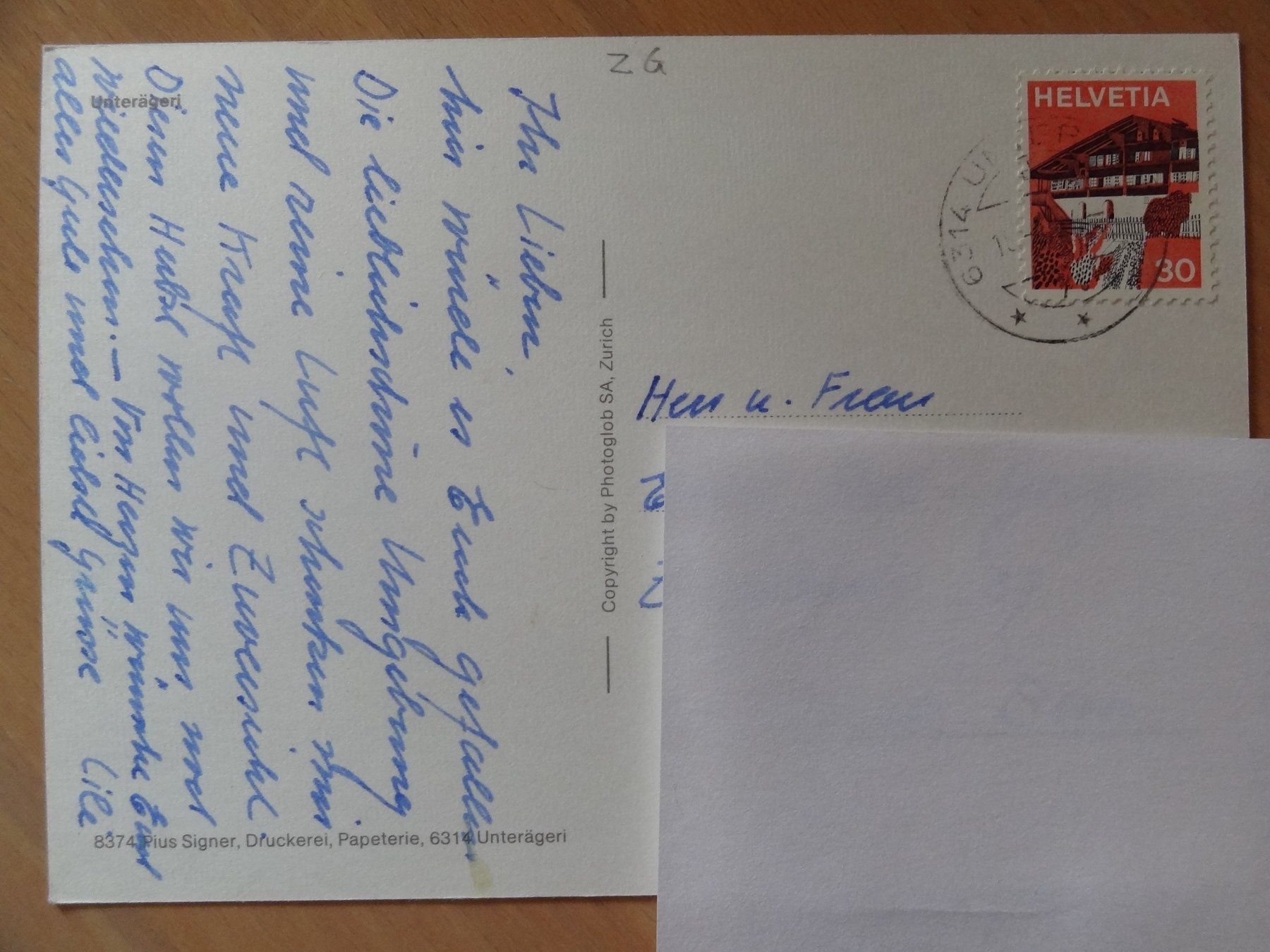 Ansichtskarten: Unterägeri - ZG - 8374 – Gebraucht aus St Léonard von Riglin 1