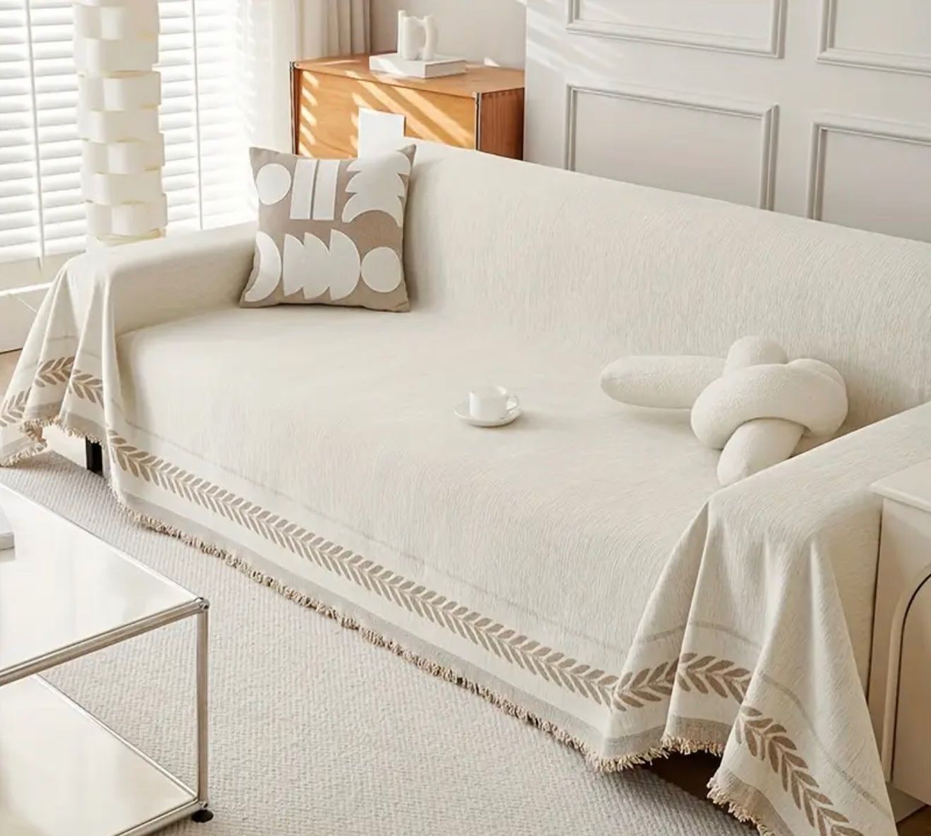 Coperte: Sofaüberwurf beige mit Blattmuster und Fransen neu – Nuovo e nell'imballaggio originale da Dübendorf venduto da zhe_69pd 1