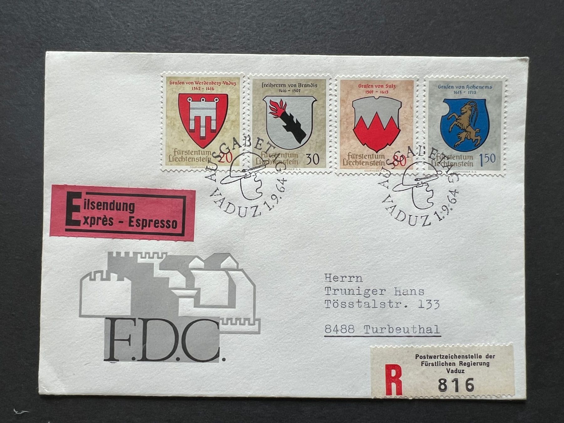 Tutti i francobolli: FDC Liechtenstein 1964   (M57) – Usato da Hinwil venduto da Sidi4