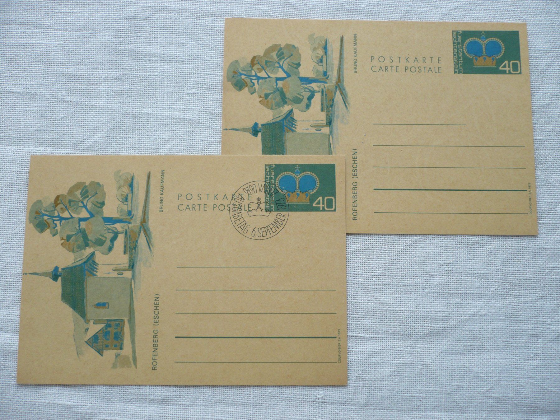 Tutti i francobolli: FL 1973 2 Postkarten "Rofenberg Eschen" LBK 77 ET & ungebr. – Usato da Zürich venduto da saltandpepper008