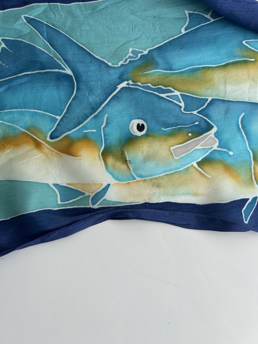 Foulard & Sciarpe: Silk Scarf Fish Print Blue Hand Painted Decorative used – Usato da Saland venduto da ele_vc96 4