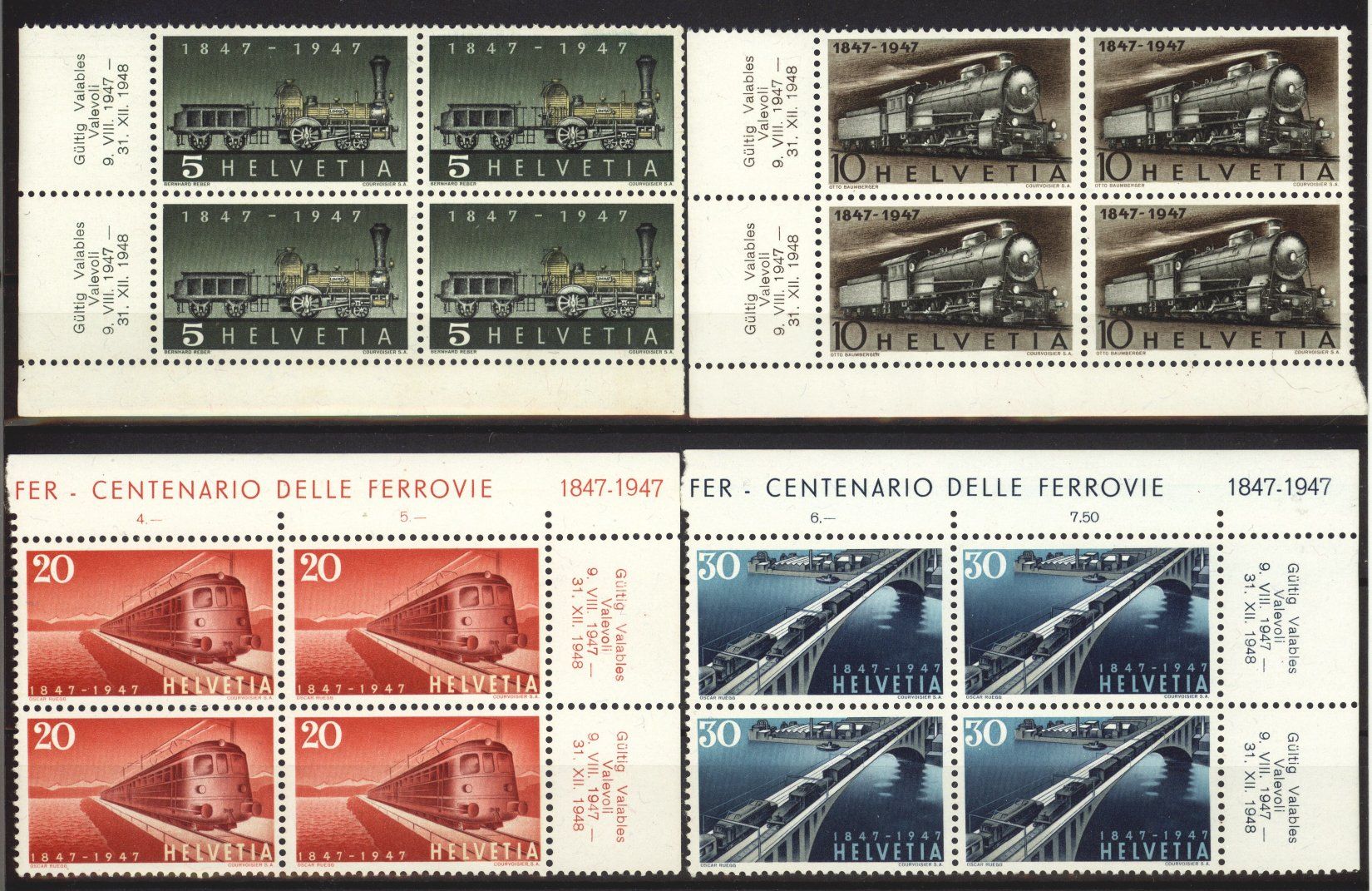 Alle Briefmarken: 1947, 100 Jahre Eisenbahn Viererblöcke** – Gebraucht aus Willisau von Vollstempel