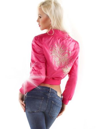 Satin Bomberjacke mit Dekosteinchen, pink, Grösse 34