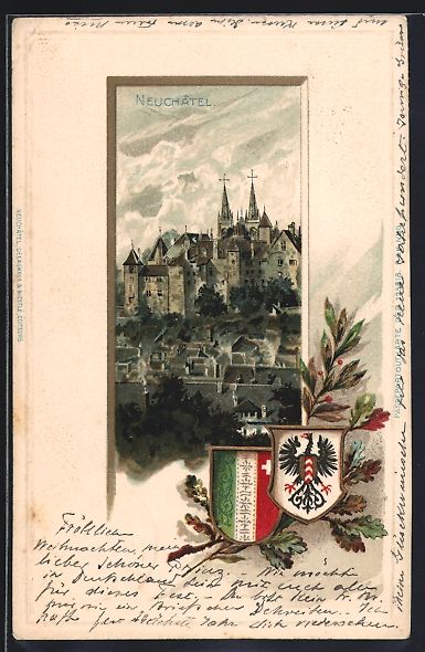 Cartoline postali: Litho Neuchâtel, Ortsansicht mit Wappen – Usato da Berlin venduto da bartko-reher