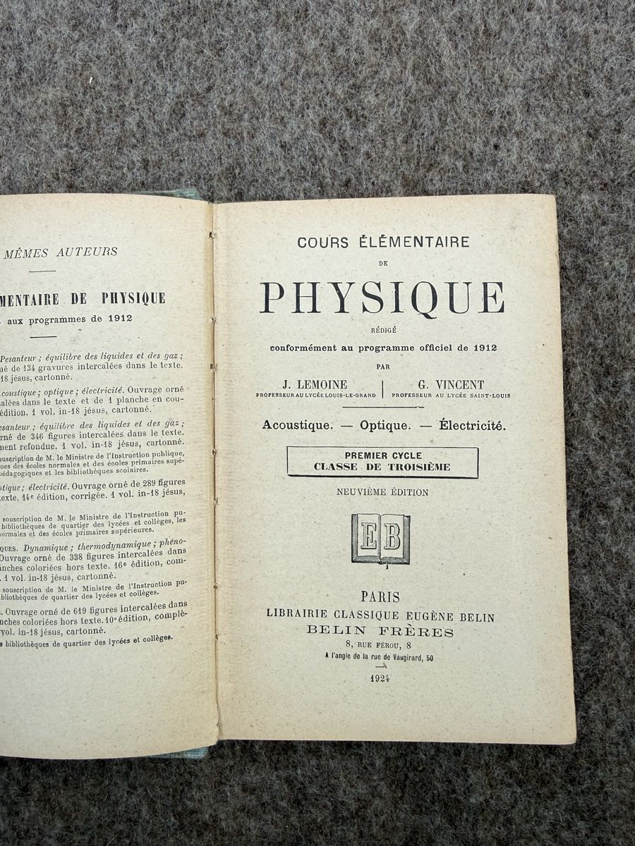 Livres: Cours élémentaire de Physique Lemoine Vincent 1924 – D'occasion à Fribourg par Ardoffel 2