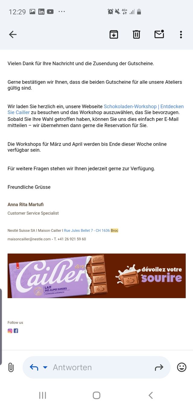 Gutscheine: Gutschein, Cailler, Schokoladen-Workshop, 2P – Neu (gemäss Beschreibung) aus Winterthur von Sjull 1