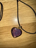 Kette Herz Anhänger Amethyst Goldimitat Schwarz Band Neu