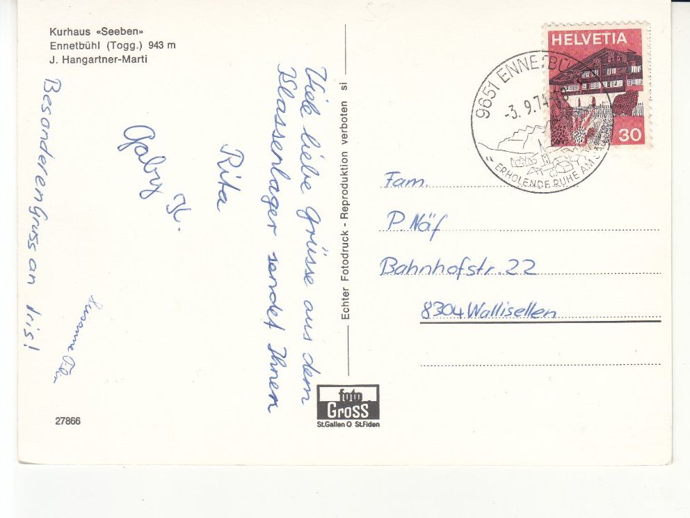 Cartoline postali: Ennetbühl Seeben 1974 – Usato da Bürglen TG venduto da StampGraf 1