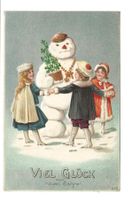 Neujahr - viel Glück ! Schneemann - Kinder  Präge-Litho 1909