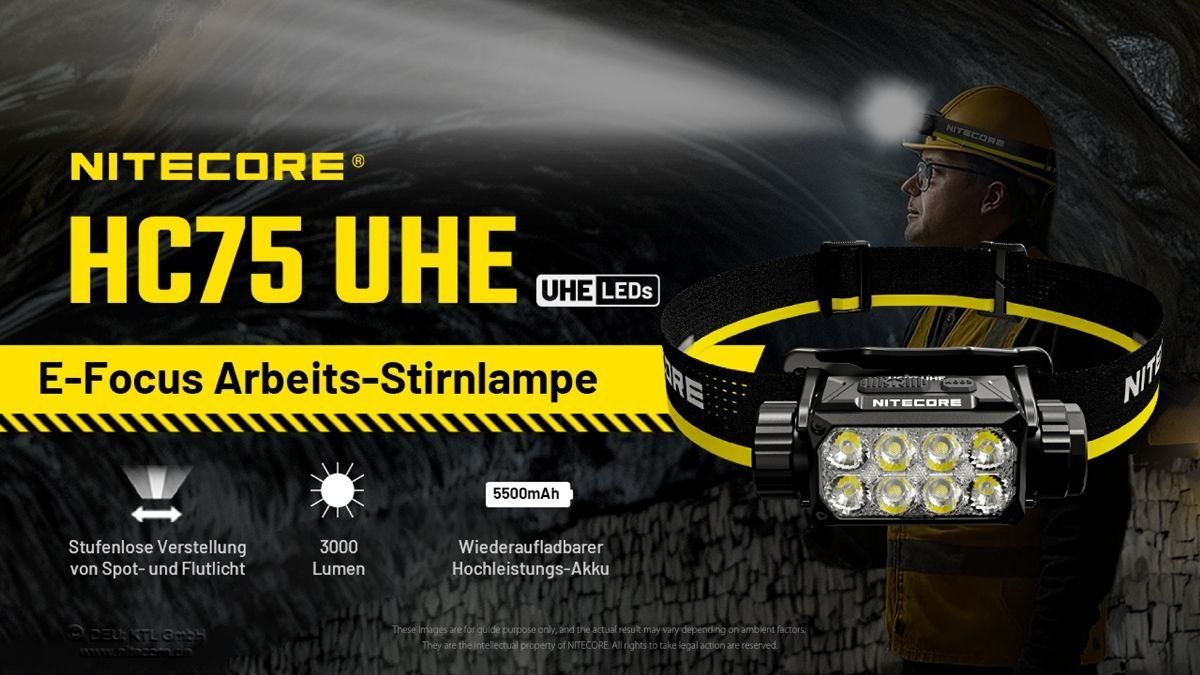 NiteCore Lampade: NiteCore HC75 UHE - 3000 Lumen, E-Focus Arbeits-Stirnlampe – Nuovo e nell'imballaggio originale da Grüningen venduto da Prolumin 1