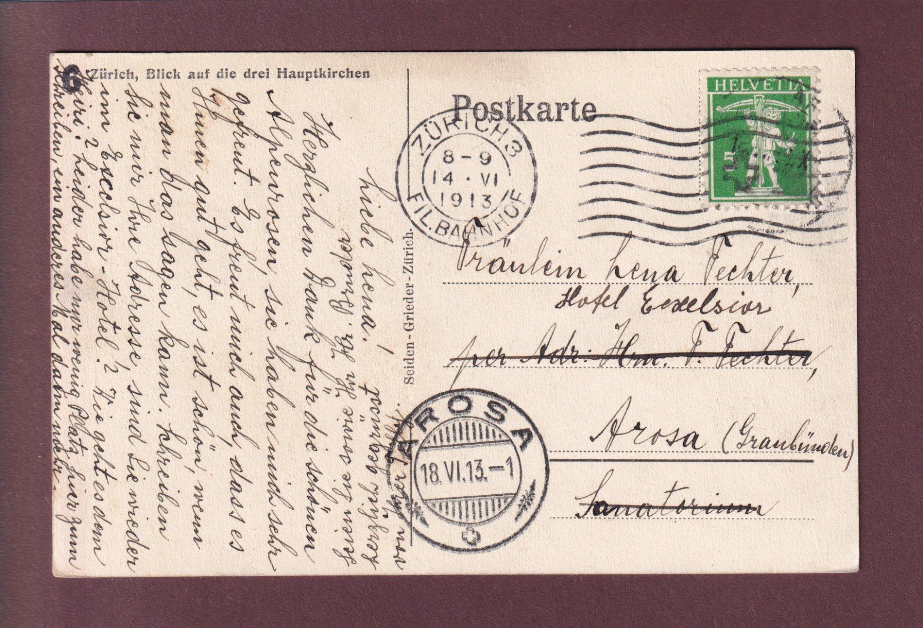 Cartoline postali: ZÜRICH - 3 Hauptkirchen - 1913 – Usato da Pully venduto da nicecards 1