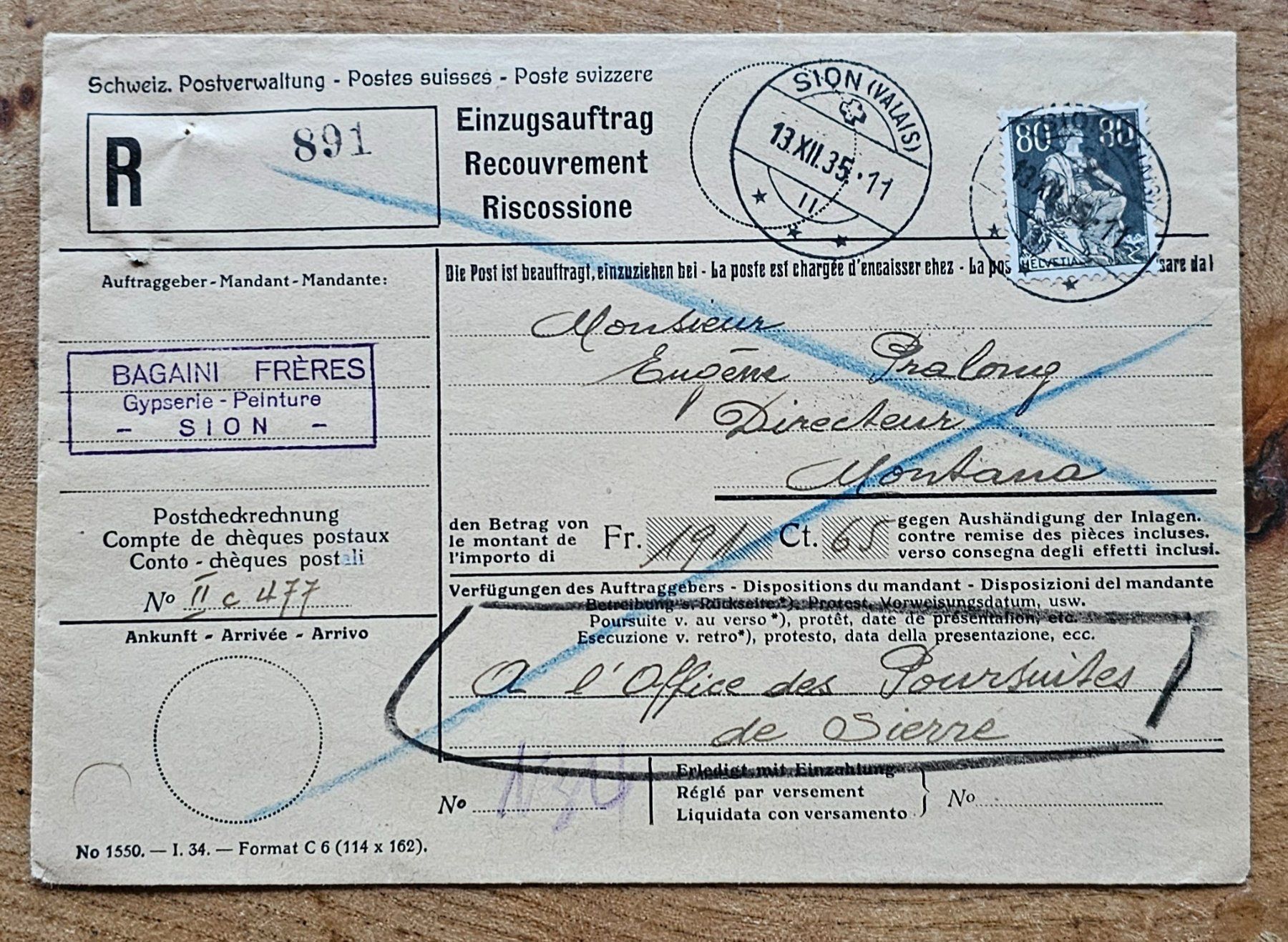 Tous les timbres: Recouvrement SION  1935 – D'occasion à Les Valettes par Nuba1