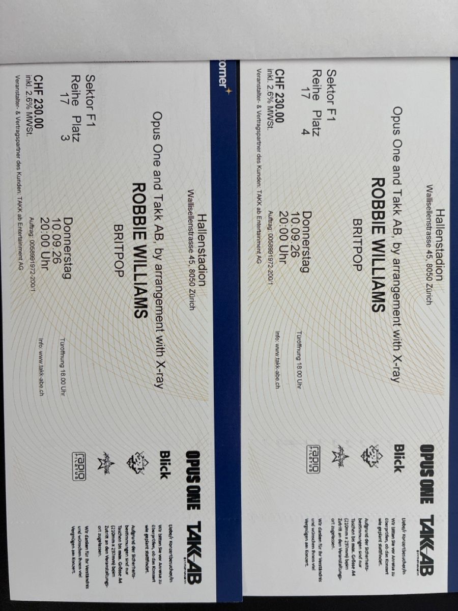 Tickets: Konzertickets Robbie Williams – Neu (gemäss Beschreibung) aus Kleinandelfingen von val_q6xp