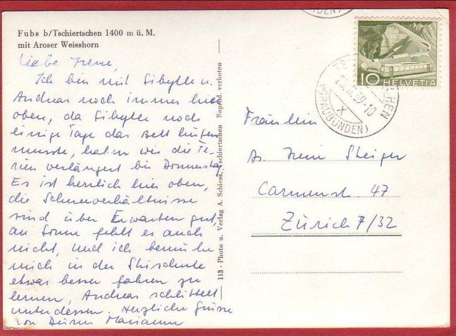 Cartoline postali: FUBS BEI TSCHIERTSCHEN 1959 – Usato da Grüningen venduto da Kartenlaube 1