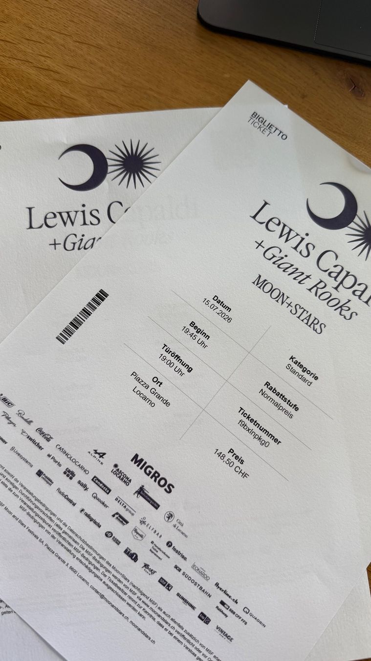 Biglietti: Moon&Stars tickets Lewis Capaldi 15.7.2026 – Nuovo e nell'imballaggio originale da Freienbach venduto da Freebee22