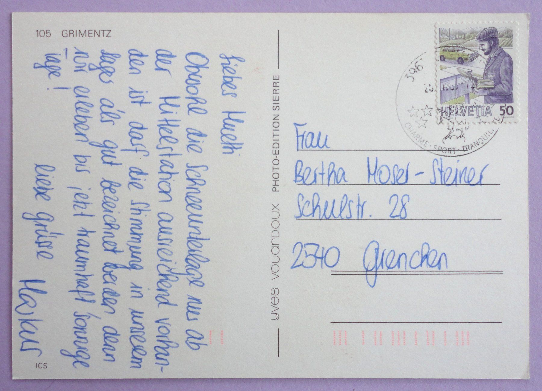 Cartoline postali: Grimentz – Usato da Fétigny venduto da Billy2miny 1