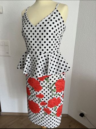 Sommerkleid Punkte Blumen rot weiss Gr. 36 S/M Neu