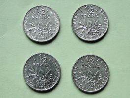 4x 1/2 Franc (50 centimes) France 1983, 1984, 1985, 1986