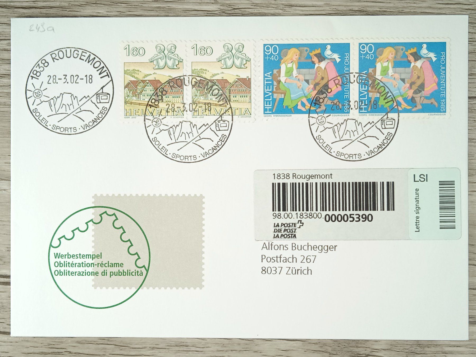 Tutti i francobolli: TR03 Enveloppe + Timbre Suisse 2002 – Usato da Cousset venduto da Patrick_Collections