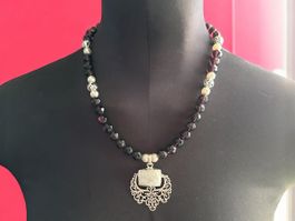 Unikat 💎 Halskette aus Glas, Vintage Perlen und Mondstein